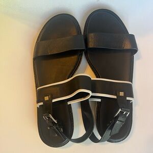 Cole Haan Grand OS black white leather strap buckle sandals slight wedge sz 9.5